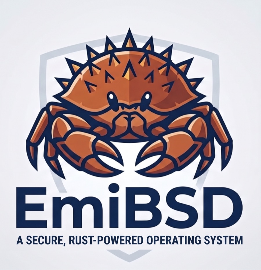 Ferffy, the EmiBSD mascot: a spiky orange crab in front of a shield